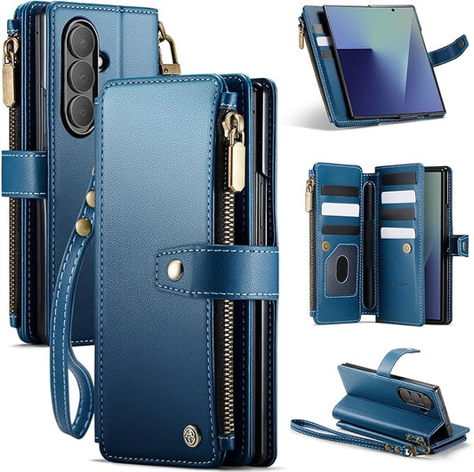 Vinich for Samsung Galaxy Z Fold 7 Wallet Case with Card Holder, Detachable Strap RFID Blocking Credit Slots Kickstand Shockproof Phone Cover for Women Men, Blue