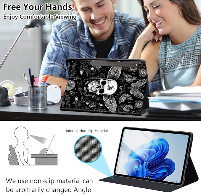 Slim Case for Samsung Galaxy Tab S10 FE / S9 FE 5G 10.9" & Tab S9 11", PU Leather Protective Cover, Multi-Angle Stand, Auto Sleep/Wake, Plants and Skulls