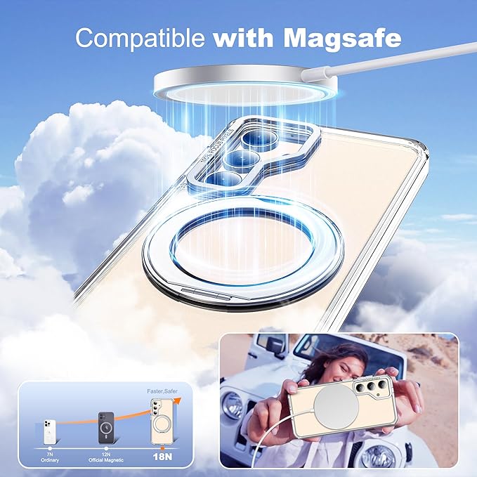for Samsung Galaxy S25 Case with 360°Rotatable Magnetic Ring Stand Compatible with Mag-Safe Military Protection Shockproof Transparent Phone Cases for S25 6.2",Clear