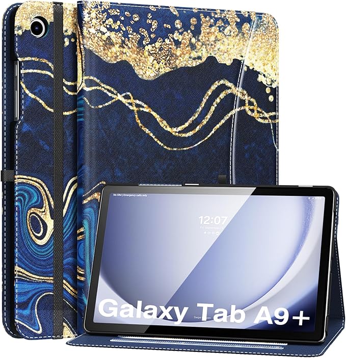 MoKo Case for Samsung Galaxy Tab A9 Plus 11" 2023 (SM-X210/SM-X216/SM-X218), PU Leather Multi-Angle Viewing Folding Stand Cover Case with Hand Strap, Front Pocket, Auto Wake/Sleep, Marble Blue