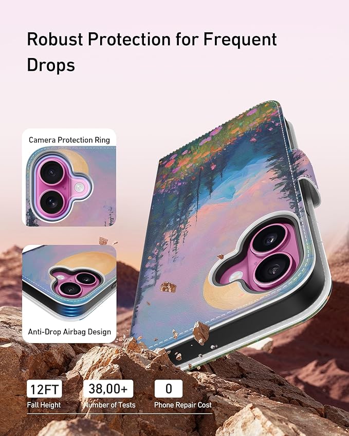 DEENAKIN for iPhone 16 Wallet Case with Card Holder + Cash Clip, RFID-Blocking, Military-Grade Drop Protection, Magnetic Closure with Leather Kickstand - Mountain Blossom Glow