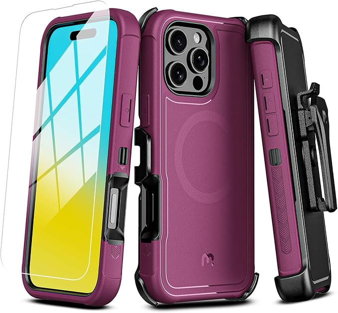 M MYBAT PRO Maverick Series for iPhone 16 Pro Max Case with Belt Clip Holster,[Compatible with Magsafe] w/Screen Protector,Anti-Drop,Shockproof,with 360°Rotating Kickstand,Heavy Duty Protection Plum