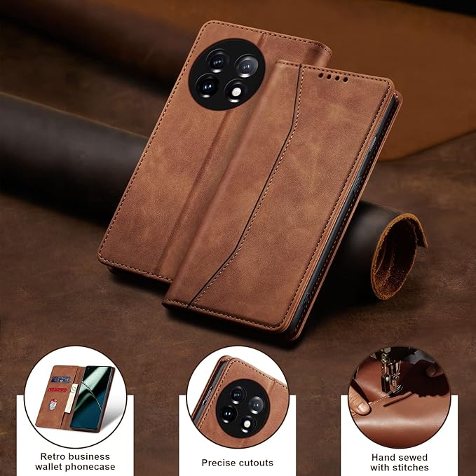 Jasonyu Flip Wallet Case for OnePlus 11 5G,Leather Magnetic Folio Cover with Card Holder,Kickstand - TPU Shockproof Durable Protective Phone Case,Brown