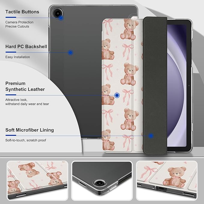 DONGKE Case for Samsung Galaxy Tab A9+/A9 Plus 11 inch 2024 2023 (SM-X210/X216/X218), Slim Stand Hard PC Translucent Back Shell Smart Cover, Auto Wake/Sleep - Bear with Bows