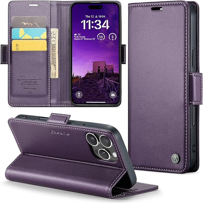 for iPhone 16 Pro Case, Premium PU Leather Wallet Case Flip Cover with [RFID Blocking][Card Holder][Stand Function] Shockproof Protective for iPhone 16 Pro 6.3", Purple