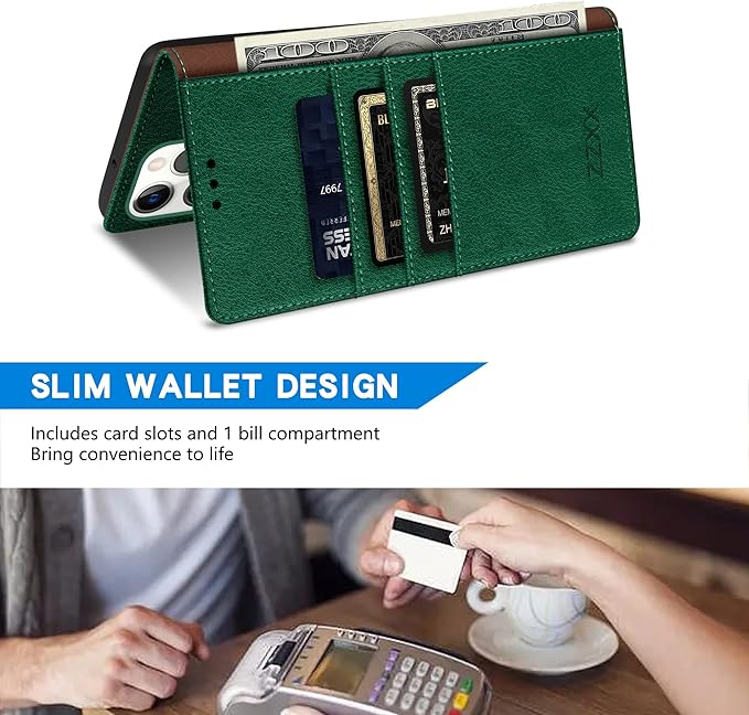 ZZXX for iPhone 15 Pro Wallet Case with [RFID Blocking] Card Slot Kickstand Magnetic Closure Leather Flip Fold Protective Phone Case for iPhone 15 Pro Case Wallet(Green-6.1 inch)