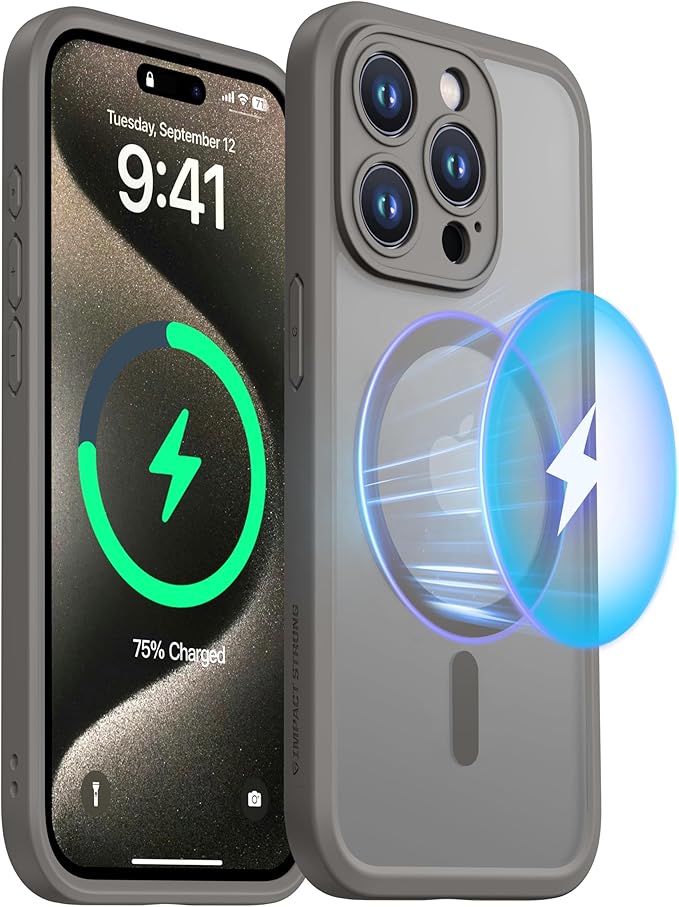 ImpactStrong Magnetic Guard Designed for iPhone 15 Pro Max Case [Camera Protection] [Military Grade Drop Tested] [Compatible with MagSafe] Slim Translucent Matte Phone Case (6.7") - Gray