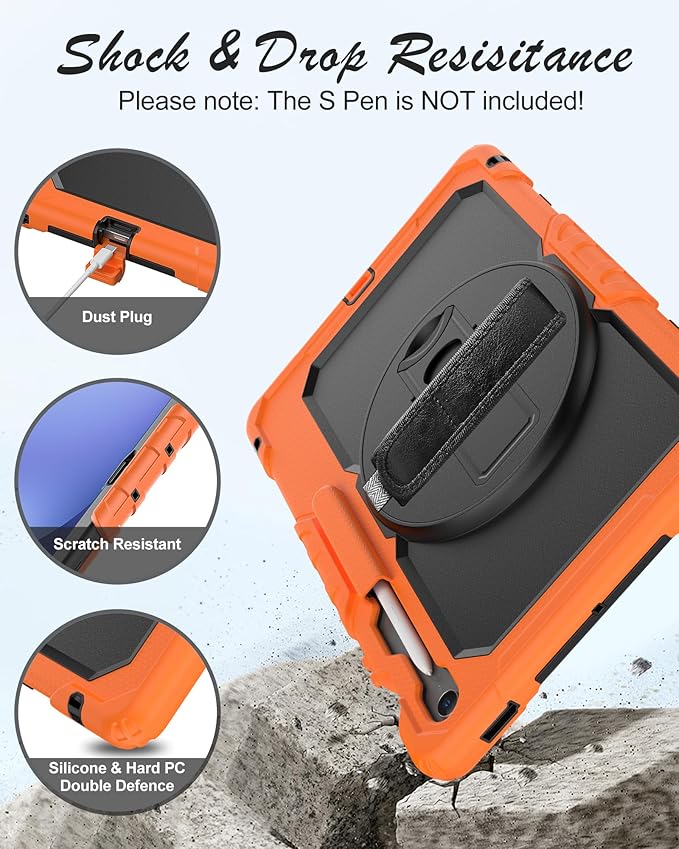Case for Samsung Galaxy Tab S10 FE Plus 5G Tablet 13.1'', Shockproof Protective Cover with Tempered Glass Screen Protector, Rotatable Kickstand, S Pen Holder, Hand/Shoulder Strap, Orange