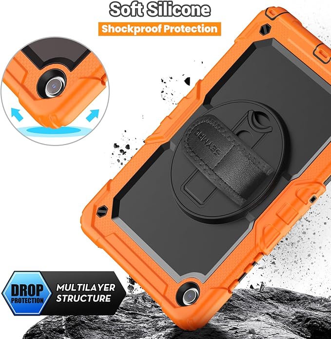 SEYMAC Case for Samsung Galaxy Tab A9+/ A9 Plus 11" (SM-X210/X216/X218), Heavy Duty Shockproof Protective Case with Screen Protector, Rotating Stand, Hand/Shoulder Strap, Orange