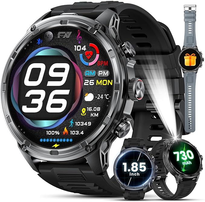 LIGE Military Smart Watches for Men with 80-Days Standby(710mAh)/Flashlight/50M Waterproof/1.85" HD Large Screen,100+ Sports Fitness Tracker Watch,Pedometer Mens Smart Watch Android iOS Black Silicone