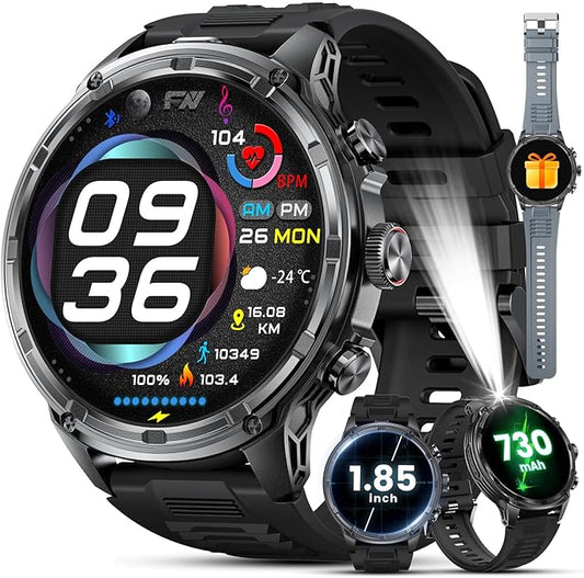 LIGE Military Smart Watches for Men with 80-Days Standby(710mAh)/Flashlight/50M Waterproof/1.85" HD Large Screen,100+ Sports Fitness Tracker Watch,Pedometer Mens Smart Watch Android iOS Black Silicone