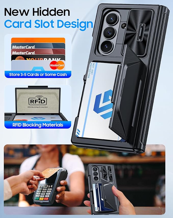 for Samsung Galaxy Z Fold 7 Case with Card Holder RFID Blocking [Privacy Screen Protector ] [Slide Lens Cover] [Hinge Protection] Shockproof Protective Phone Wallet Case for Z Fold 7 (Black)