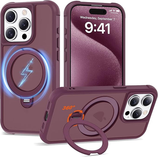 Compatible with iPhone 15 Pro Case with Invisible Magnetic 360°Spin Stand,Military-Grade Shockproof Protection [Compatible with Mag-Safe] Non-Slip Edge Translucent Case (6.1",Wine Red)