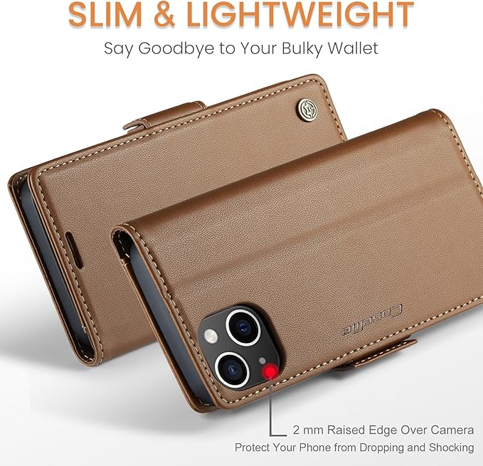 SINIANL Compatible with iPhone 15 Wallet Case with RFID Blocking, for iPhone 15 Case Wallet for Women Men Card Holder Magnetic Clasp Kickstand Leather Book Folio Case for iPhone 15 Brown