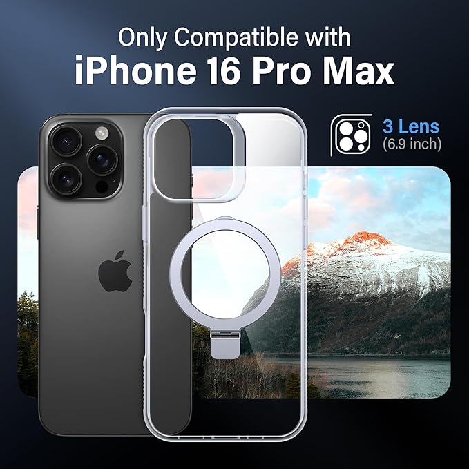 Magnetic Case for iPhone 16 Pro Max - [Built-in Invisible Stand] [Compatible with MagSafe] [Military Grade Drop Protection] Anti-Yellowing Hard Back Silicone Edge Cover, 6.9", Clear