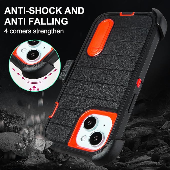 for Heavy Duty iPhone 15 Case with Belt Clip & Holster, Rugged Military Grade Shockproof Protective Cover for iPhone 15 Case with Stand 6.1 Inch (Black+Orange)