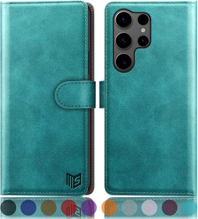 SUANPOT Compatible with Samsung Galaxy S25 Ultra Wallet case with RFID Blocking Credit Card Holder,Flip Book PU Leather Protective Cover Women Men for Samsung S25 Ultra Phone case Blue Green