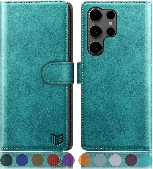 SUANPOT Compatible with Samsung Galaxy S25 Ultra Wallet case with RFID Blocking Credit Card Holder,Flip Book PU Leather Protective Cover Women Men for Samsung S25 Ultra Phone case Blue Green
