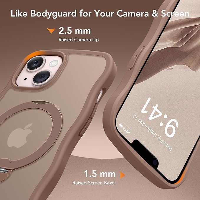 for iPhone 13 Case & iPhone 14 Case for Women,[Compatible with Magsafe][360° Spin Magnetic Stand][Cute Wave Edge][Military-Grade Protection]Translucent Matte Phone case for iPhone 13/14, Brown