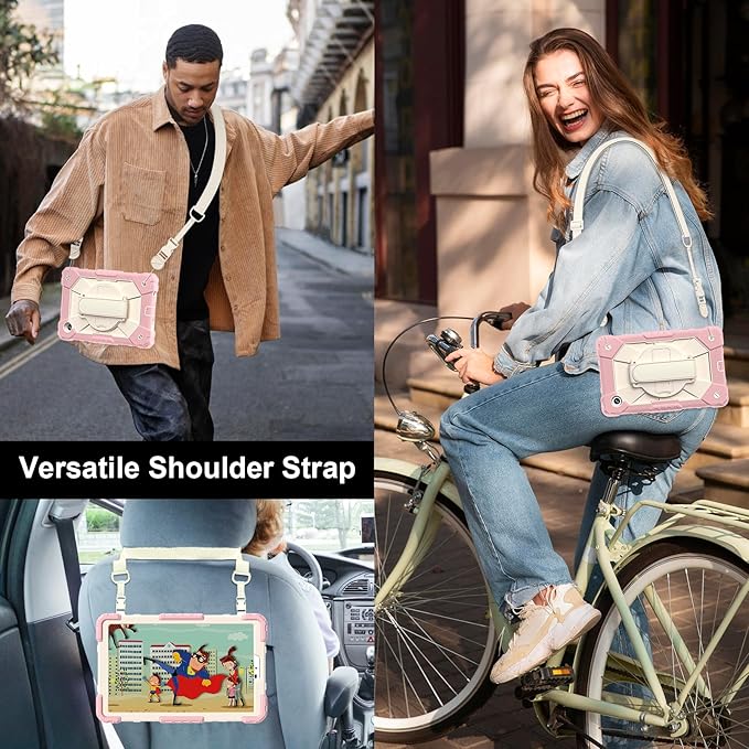 for Samsung Galaxy Tab A9 Case 8.7 inch (SM-X110/X115/X117), Heavy Duty Shockproof Silicone Cover Rugged 360 Stand Hand Shoulder Strap for Galaxy A9 Tablet Rose Red+Cream Stone