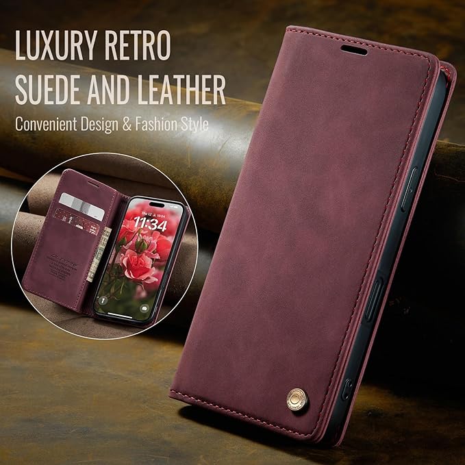 QLTYPRI for iPhone 16 Pro Max Case Wallet with Card Holder, Vintage PU Leather Kickstand Magnetic Closure Shockproof Folio Book Cover Case for iPhone 16 Pro Max - Wine Red