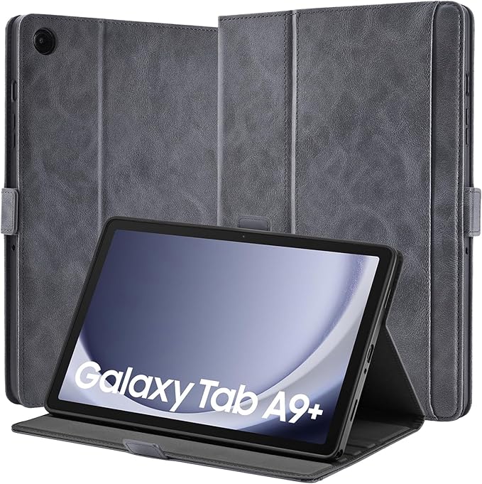 Handmade Case for Samsung Galaxy Tab A9 Plus/A9+ 5G Tablet 11 Inch 2023 SM-X210/SM-X216/SM-X218u with Pocket,Multi Angles,Magnetic Closure,Vegan Leather Folio Cover,Auto Sleep/Wake,Gray