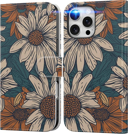 DEENAKIN for iPhone 16 Pro Wallet Case with Card Holder + Cash Clip, RFID-Blocking, Military-Grade Drop Protection, Magnetic Closure with Leather Kickstand - Floral Daisy Pattern