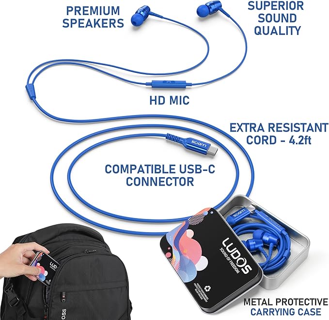 LUDOS OMNITONE USB C Headphones for iPhone 16 15 Pro Max Plus iPad Pro, 5 Years Warranty, USB-C Earbuds for Samsung Galaxy S24 S23 Ultra S22 S21 S20 A55 A54 A53, USB Type C Earphones - Blue