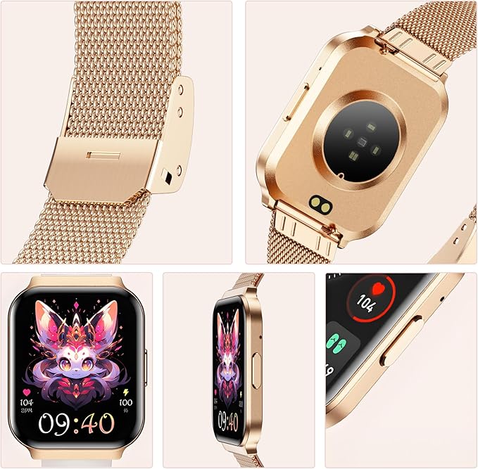 Welfit Women's Smart Watch, 1.75-inch Blood Pressure, Call/Message, Female Cycle Tracking, Heart Rate and Sleep Monitor, IP68 Waterproof for Android and iOS (Gold 2 Straps)