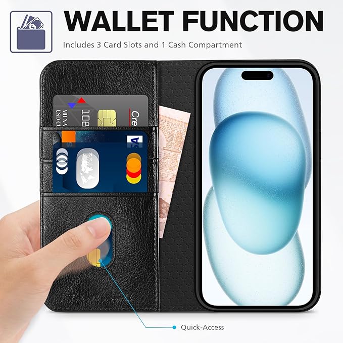 TUCCH Wallet Case for iPhone 15 5G, PU Leather Folio with [RFID Blocking] [3 Card Slot], Protective Kickstand [Shockproof TPU Interior Case] Compatible with iPhone 15 6.1" 2023, Textured Black