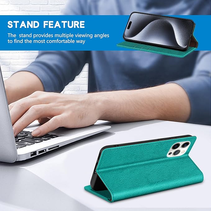 ZZXX for iPhone 15 Pro Wallet Case with [RFID Blocking] Card Slot Stand Strong Magnetic Leather Flip Fold Protective Phone Case for iPhone 15 Pro Case Wallet(Lake Blue-6.1 inch)