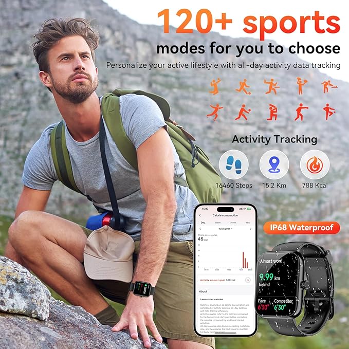 Smart Watch with Alexa Built-in, 1.83" HD Touchscreen, Bluetooth Calling Fitness Tracker, Health Monitor Heart Rate/Sleep Tracking, IP68 Waterproof, 120+ Sports Modes for Android iPhone (Black)