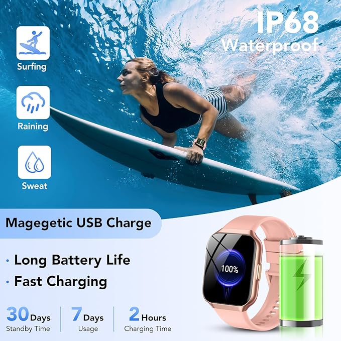 Smart Watch for Men Women, 1.96" HD Fitness Watch with Bluetooth Call, Smartwatch with 112+ Sport Modes/Heart Rate/Sleep Monitor/Pedometer, IP68 Waterproof Watch Compatible with Android/iOS,Pink