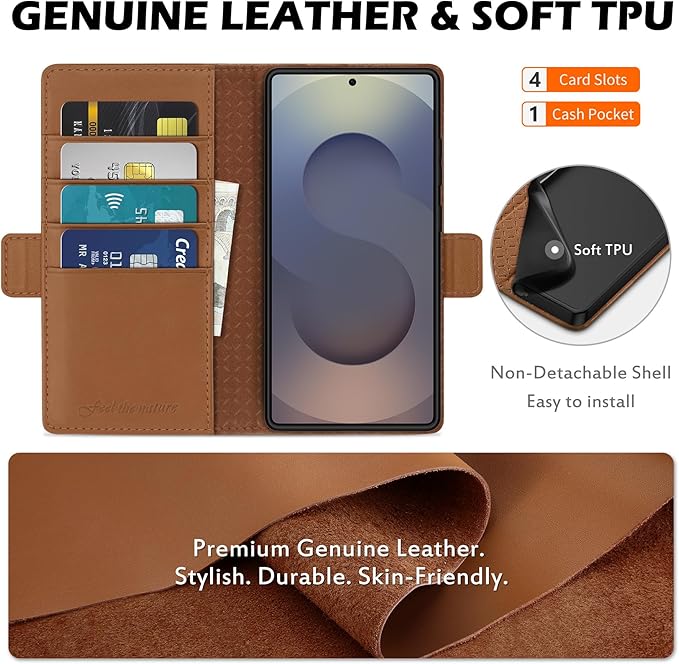 SHIELDON Case for Galaxy S25 Ultra, Genuine Leather Wallet Case with Kickstand RFID Blocking Card Holder Magnetic Shock Absorbing Cover Compatible with Galaxy S25 Ultra 6.9" 2025 - Nappa Saddle Brown