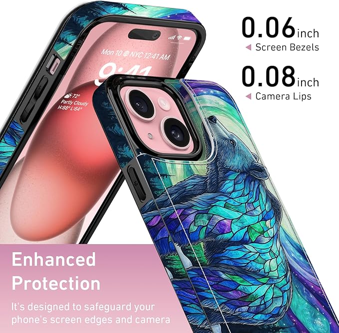 FUNMIKO for iPhone 13 Mini Wallet Case with Card Holder, RFID-Blocking, Military-Grade Protection & UV-Printed Artwork, Magnetic Closure with Leather Kickstand - Prismatic Aurora Bear