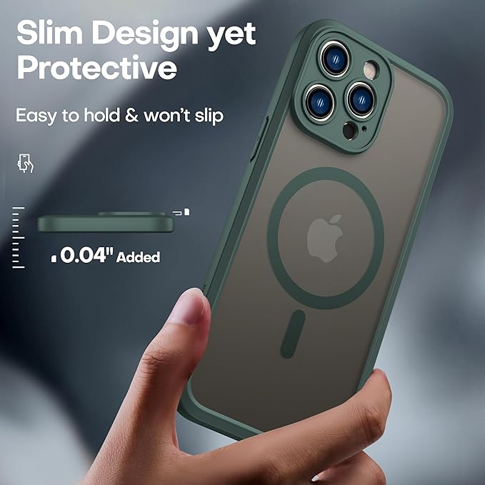 ImpactStrong Magnetic Guard Designed for iPhone 13 Pro Case [Camera Protection] [Military Grade Drop Tested] [Compatible with MagSafe] Slim Translucent Matte Phone Case (6.1") - Dark Green
