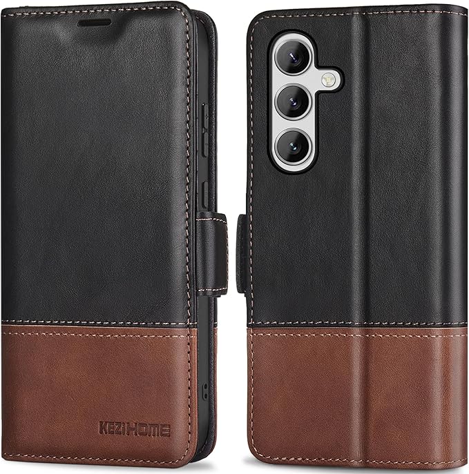 KEZiHOME for Samsung Galaxy S24 Plus 5G Case, Flip Case, Genuine Leather, RFID Blocking, Card Holder, Magnetic, Stand, Black/Brown