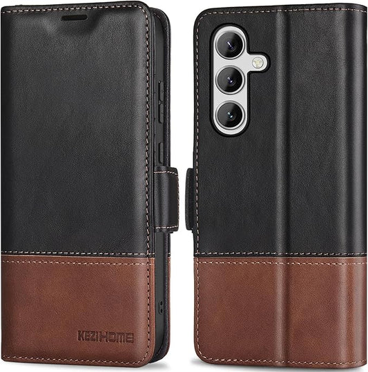KEZiHOME for Samsung Galaxy S24 Plus 5G Case, Flip Case, Genuine Leather, RFID Blocking, Card Holder, Magnetic, Stand, Black/Brown