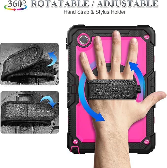 SEYMAC stock Tablet Case for Lenovo Tab M11 (TB-330FU/TB-330XU) 11 inch Drop-Proof Protection Cover with 360° Rotate Stand & Strap [Pen Holder] & Screen Protector/K11/Xiaoxin Pad 2024, Rose+Black