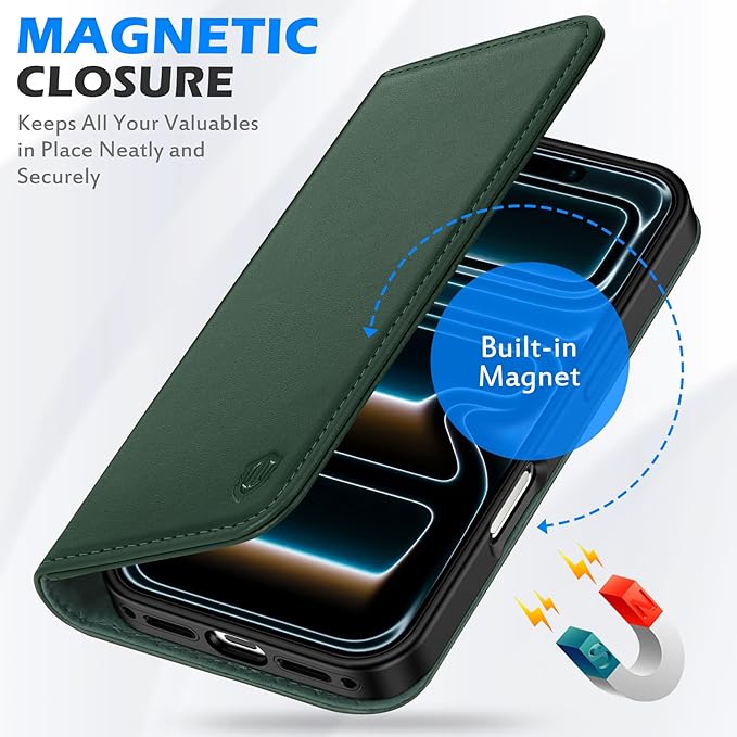 SHIELDON Genuine Leather Case Wallet for iPhone 17 6.3-inch 5G 2025 | Folio, Wallet, Magnetic Closure, Kickstand, RFID Blocking Card Slots, Full Protection, Soft Phone Cover - Evergreen
