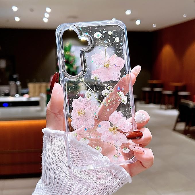 Compatible with Samsung Galaxy S24 Plus Case Cute Pressed Dried Real Flowers Design Women Girly Shockproof Hard PC+ TPU Bumper Floral Phone Cover for Galaxy S24 Plus (Light Pink)