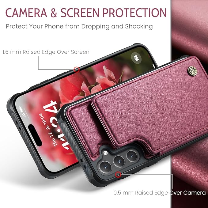 Vinich for Samsung Galaxy S24 FE Wallet Case with Card Holder, RFID Blocking Credit Slots Kickstand Shockproof Phone Cover for Women Men, Wine Red