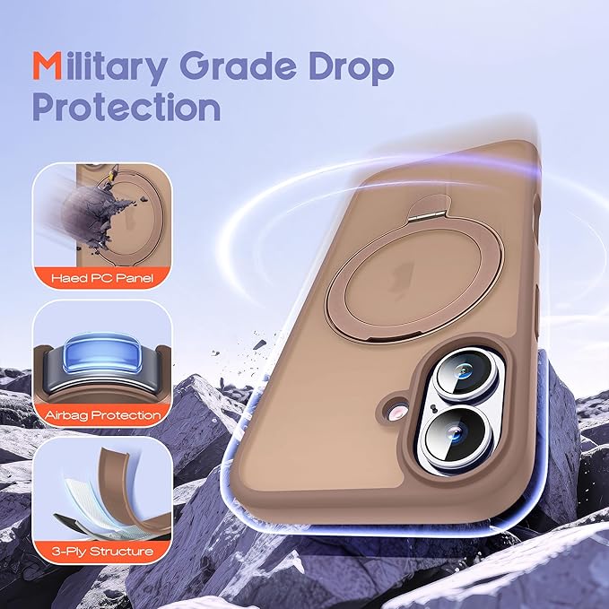 Designed for iPhone 16 Pro Max Case with Magnetic Ring Stand [Compatible with Mag-Safe] [Military Drop Protection] Shockproof Translucent Phone Cover 6.9" for Women Men,Brown