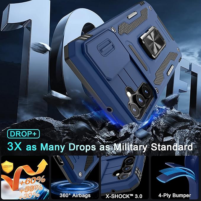DEERLAMN Case for Samsung Galaxy S23 FE 6.4-Inch with Slide Camera Cover+Screen Protector(1 Pack),Rotated Ring Kickstand Military Grade Shockproof Protective Cover-Navy Blue