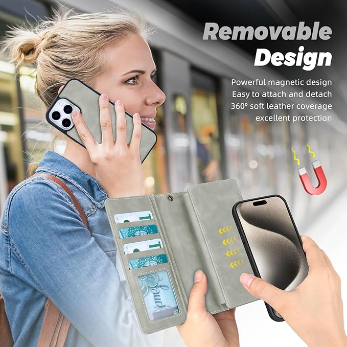 TwoHead Wallet Case Compatible with iPhone 15 Pro Max,Detachable Magnetic Phone Case,All-Round Shockproof Protective Leather Phone Case with Card Holder,6.7 in,Gray