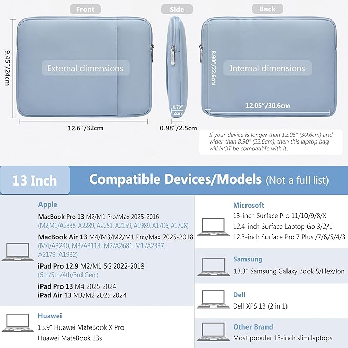 HYZUO 13 Inch Laptop Sleeve Bag Set for MacBook Air 13 M4/M3/M2/M1 2025-2018, MacBook Pro 13 M2/M1 2025-2016, iPad Pro/Air 13, XPS 13, Surface Pro, Notebook Case for 12"-13" Tablet, Pale Blue