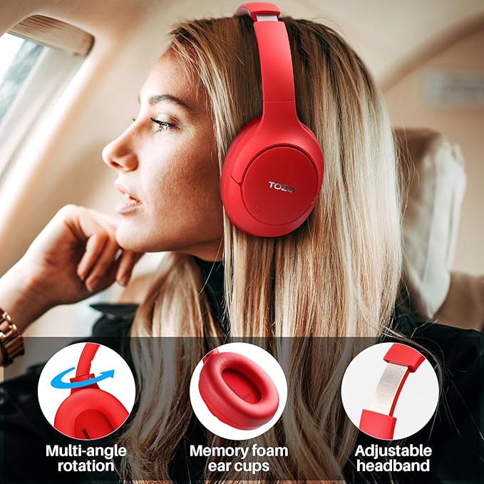 TOZO HT2 Hybrid Active Noise Cancelling Headphones, Wireless Over Ear Bluetooth Headset, 60H Playtime, Hi-Res Audio Custom EQ via App Deep Bass Comfort Fit Ear Cups, for Home Office Travel Red