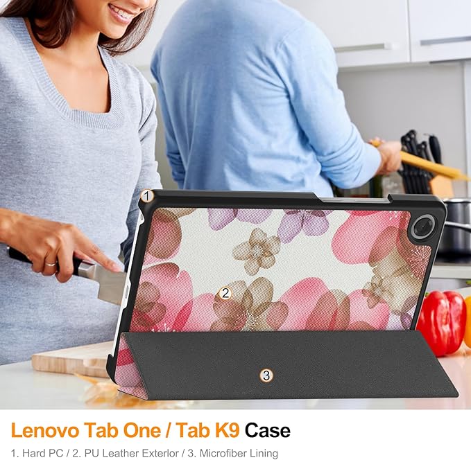 Case for Lenovo Tab One 8.7'' / Tab K9, Folding Folio Ultra-Thin PU Leather Stand Case Cover with Auto Wake/Sleep for Lenovo Tab K9 8.7 Inch Flower