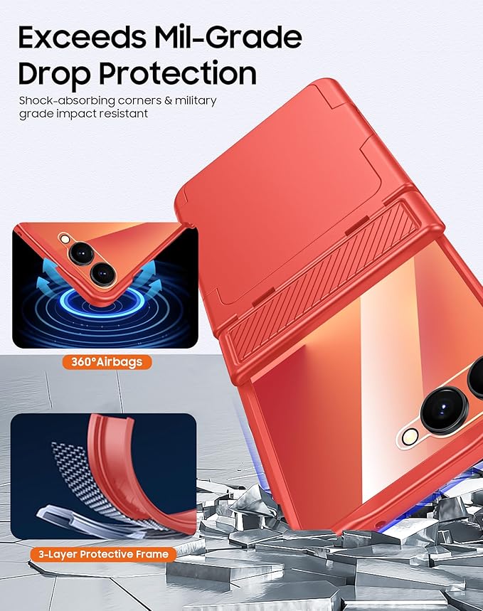 CENMASO for Samsung Galaxy Z Flip 7 Case with Card Holder [RFID Blocking] & Hinge Protection & HD Screen Protector, Rugged Anti-Scratch Full-Body Shockproof Phone Case for Z Flip 7-Coral Red