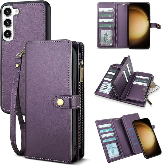 TwoHead for Samsung Galaxy S23 Plus Wallet Case with Card Holder,Detachable Magnetic Phone Case for Galaxy S23 Plus,PU Leather All-Round Protective Phone Cover Wallet with Strap(6.6 in,Deep Purple)